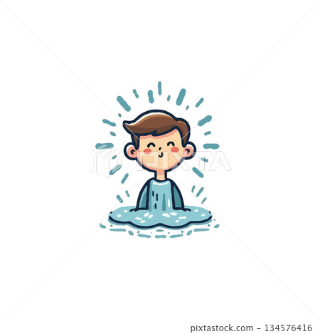 Cartoon boy emerging from shimmering water radiates joyful aura in playful illustration celebrates Cartoon boy emerging from shimmering water radiates joyful aura in playful illustration celebrates 134576416