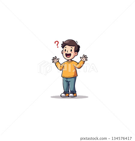 Cartoon boy in orange sweater expressing confusion with a question mark above head expressing 134576417
