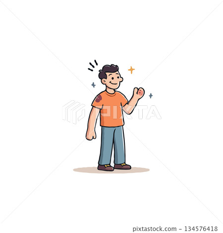 Cartoon illustration of a cheerful young man waving, emitting a bright, optimistic vibe with 134576418