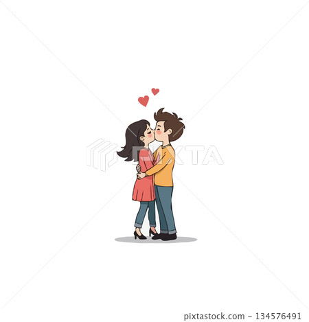 Animated romantic couple sharing tender kiss with floating hearts symbolizing affection and young Animated romantic couple sharing tender kiss with floating hearts symbolizing affection and young 134576491