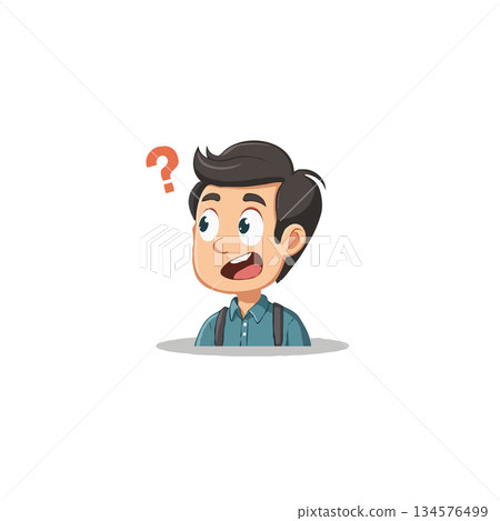 Confused cartoon boy with a question mark displays uncertainty and thoughtful consideration 134576499