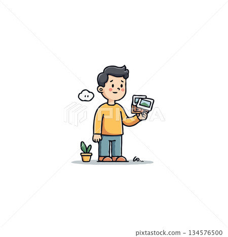 Cartoon character contemplates photo collection indoors amidst calm illustration backdrop while Cartoon character contemplates photo collection indoors amidst calm illustration backdrop while 134576500
