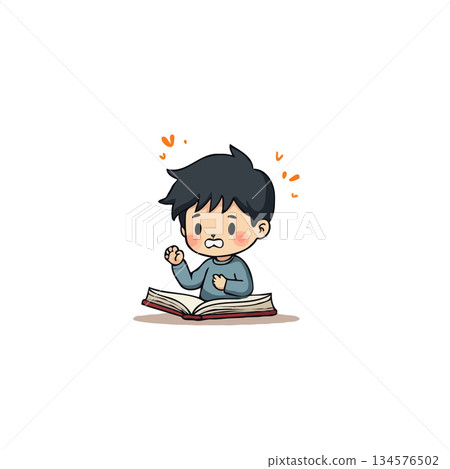 Cartoon illustration depicting a young student deeply engrossed in studying showing frustration 134576502