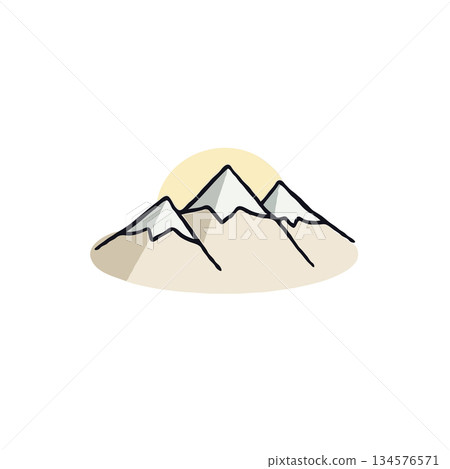 Minimalistic mountain range illustration with rising sun offering peaceful serenity and Minimalistic mountain range illustration with rising sun offering peaceful serenity and 134576571