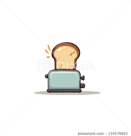 Whimsical toaster illustration featuring freshly toasted bread popping up ready to be enjoyed in 134576681