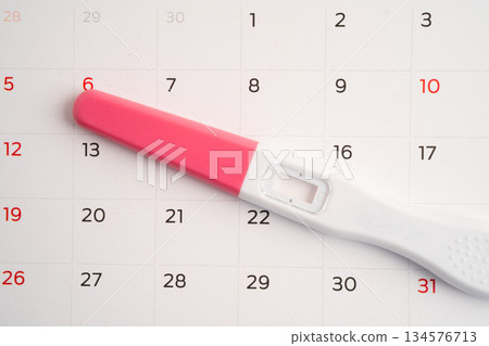 Pregnancy test and birth control pills on calendar, contraception health and medicine. Pregnancy test and birth control pills on calendar, contraception health and medicine. 134576713