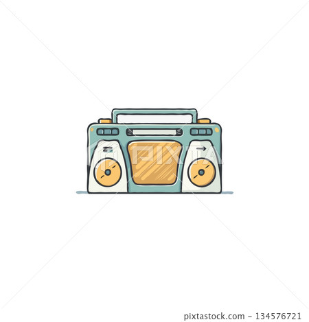 Illustration of a retro portable stereo cassette player, a nostalgic symbol of the 80s and early 134576721