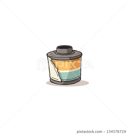 Cartoonish vintage film roll in a cylindrical container with a torn wrapper showcasing its Cartoonish vintage film roll in a cylindrical container with a torn wrapper showcasing its 134576729