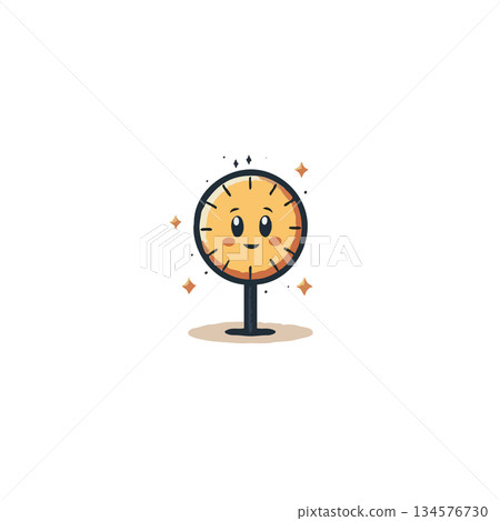 Whimsical cartoon clock character with adorable expression and sparkling accents against a simple Whimsical cartoon clock character with adorable expression and sparkling accents against a simple 134576730