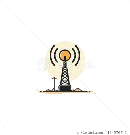 Minimalist cellular tower design with signal waves over warm sun backdrop showcasing modern Minimalist cellular tower design with signal waves over warm sun backdrop showcasing modern 134576741