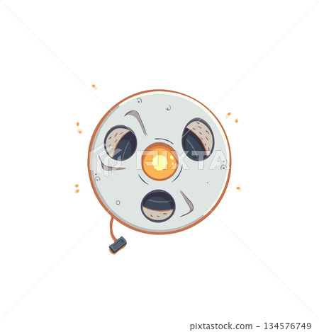 Whimsical cartoon illustration of a vintage film reel character with expressive facial features Whimsical cartoon illustration of a vintage film reel character with expressive facial features 134576749