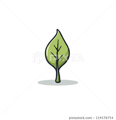 Whimsical single leaf illustration featuring a vibrant green color with subtle shading elements 134576754