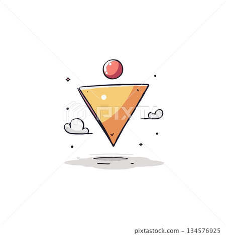 Minimalist geometric illustration with a floating orange triangle and vibrant red sphere creates a Minimalist geometric illustration with a floating orange triangle and vibrant red sphere creates a 134576925