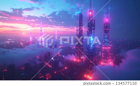 Abstract colorful background of city lights in the night featuring an urban skyscraper skyline with celebration stars and dark architectural traffic views 134577110