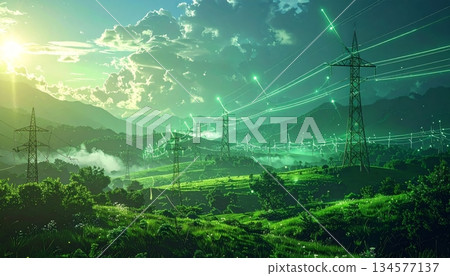 Morning sun light filters through green trees and mountain fog, revealing a beautiful summer nature landscape of forest hills under a blue sky with clouds Morning sun light filters through green trees and mountain fog, revealing a beautiful summer nature landscape of forest hills under a blue sky with clouds 134577137