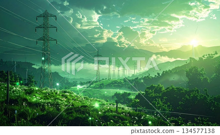 Morning sun light filters through green trees and mountain fog, revealing a beautiful summer nature landscape of forest hills under a blue sky with clouds Morning sun light filters through green trees and mountain fog, revealing a beautiful summer nature landscape of forest hills under a blue sky with clouds 134577138
