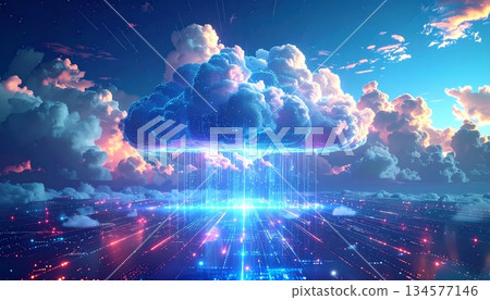 An abstract futuristic background design depicting the way to success through a bright energy glow between earth and a blue star planet in space 134577146