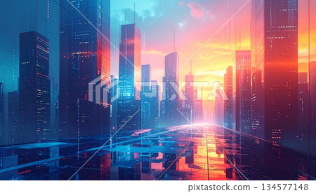 Vector illustration of a glowing Hong Kong city skyline at night featuring urban skyscrapers and office tower architecture in a panoramic downtown landscape view 134577148