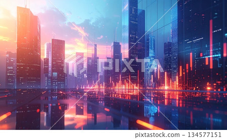 Vector illustration of a glowing Hong Kong city skyline at night featuring urban skyscrapers and office tower architecture in a panoramic downtown landscape view 134577151