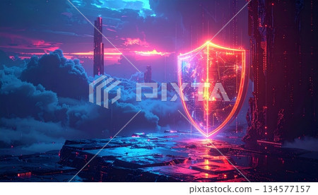 A fantasy landscape of an alien planet Earth featuring a moonlit sea and glowing aurora borealis under a dark night sky filled with stars and clouds for text space 134577157