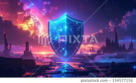 A fantasy landscape of an alien planet Earth featuring a moonlit sea and glowing aurora borealis under a dark night sky filled with stars and clouds for text space 134577158