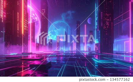 A futuristic digital art wallpaper featuring a glowing blue abstract fractal background with purple particles and light motion energy waves across a dark science technology universe space 134577162