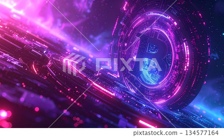 A futuristic digital art wallpaper featuring a glowing blue abstract fractal background with purple particles and light motion energy waves across a dark science technology universe space 134577164