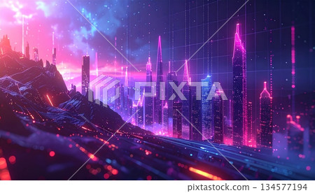 Abstract urban music background featuring a colorful night cityscape with vibrant traffic lights and architectural skyscrapers in a stylized vector skyline 134577194