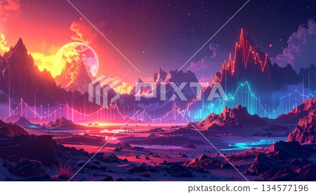 A vibrant sunset over the mountains and sea illuminates the nature landscape with bright red light as clouds drift across a horizon where fantasy colors meet the deep blue water A vibrant sunset over the mountains and sea illuminates the nature landscape with bright red light as clouds drift across a horizon where fantasy colors meet the deep blue water 134577196