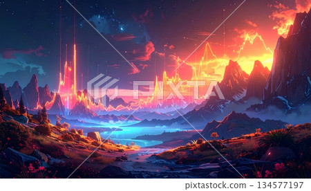 A vibrant sunset over the mountains and sea illuminates the nature landscape with bright red light as clouds drift across a horizon where fantasy colors meet the deep blue water A vibrant sunset over the mountains and sea illuminates the nature landscape with bright red light as clouds drift across a horizon where fantasy colors meet the deep blue water 134577197