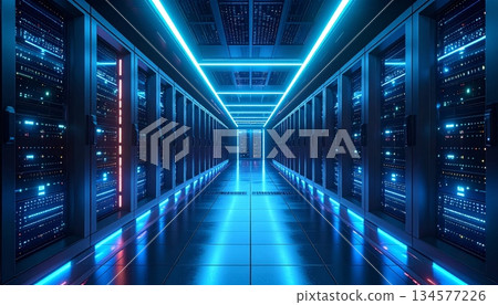 Empty glass corridor in an urban business building leads to a modern computer network server room designed with bright architectural lighting and polished floors Empty glass corridor in an urban business building leads to a modern computer network server room designed with bright architectural lighting and polished floors 134577226