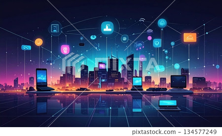 A glowing night city landscape transformed into a bright music stage with spotlight beams and disco lights for a club party event entertainment illustration 134577249