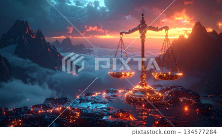 Vector illustration of New Year's Eve fireworks in the city featuring a justice scale icon as a legal business symbol and silhouette design 134577284