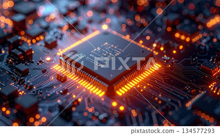 A macro shot of a green electronic motherboard featuring a digital semiconductor chip and processor integrated into high-tech hardware pcb equipment A macro shot of a green electronic motherboard featuring a digital semiconductor chip and processor integrated into high-tech hardware pcb equipment 134577293