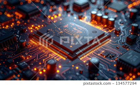 A macro shot of a green electronic motherboard featuring a digital semiconductor chip and processor integrated into high-tech hardware pcb equipment A macro shot of a green electronic motherboard featuring a digital semiconductor chip and processor integrated into high-tech hardware pcb equipment 134577294