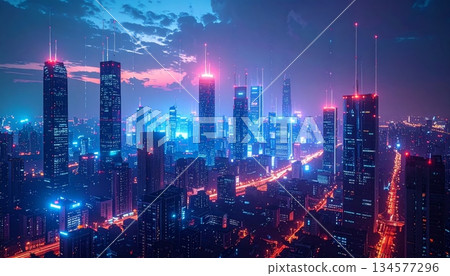 A vibrant urban evening landscape showcases the illuminated skyscrapers and architecture of the Hong Kong and Singapore city skylines across a glowing Asian downtown business district at night 134577296