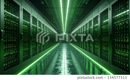 A computer network server room within a modern data center building architecture features a long corridor floor illuminated by bright light like a futuristic subway station or airport travel tunnel A computer network server room within a modern data center building architecture features a long corridor floor illuminated by bright light like a futuristic subway station or airport travel tunnel 134577313