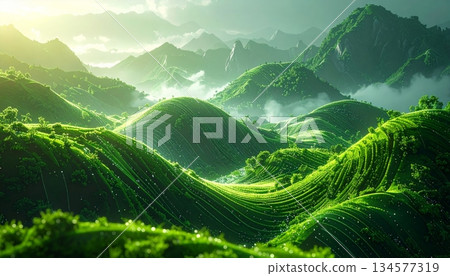 Scenic panorama of green alpine meadows and forests in the summer European Alps under a cloudy sky with a view of snow capped mountain peaks and a lush valley Scenic panorama of green alpine meadows and forests in the summer European Alps under a cloudy sky with a view of snow capped mountain peaks and a lush valley 134577319