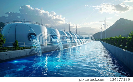 A serene morning view of the hotel swimming pool overlooking the urban city architecture where the blue sky meets a distant lake and fountain 134577329