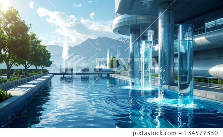 A serene morning view of the hotel swimming pool overlooking the urban city architecture where the blue sky meets a distant lake and fountain A serene morning view of the hotel swimming pool overlooking the urban city architecture where the blue sky meets a distant lake and fountain 134577330