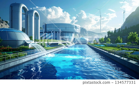 A serene morning view of the hotel swimming pool overlooking the urban city architecture where the blue sky meets a distant lake and fountain 134577331