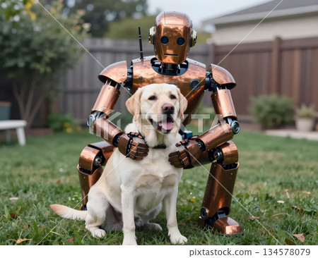 A robot is sitting on the grass in the backyard, hugging a dog. A robot is sitting on the grass in the backyard, hugging a dog. 134578079