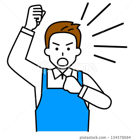 一名身穿圍裙、舉著拳頭抗議的男子 134578084