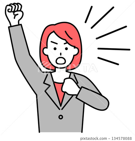 A woman in a suit protesting with her fist raised A woman in a suit protesting with her fist raised 134578088