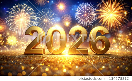 Happy New Year 2026 greeting card design with festive Christmas decoration lights and vector illustration numbers for a winter holiday celebration Happy New Year 2026 greeting card design with festive Christmas decoration lights and vector illustration numbers for a winter holiday celebration 134578212