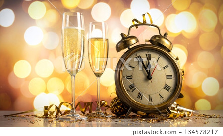 Happy New Year 2026 greeting card design with festive Christmas decoration lights and vector illustration numbers for a winter holiday celebration 134578217