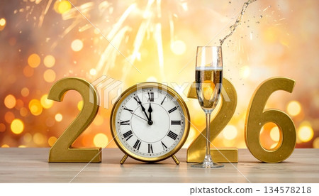 Happy New Year 2026 greeting card design with festive Christmas decoration lights and vector illustration numbers for a winter holiday celebration 134578218