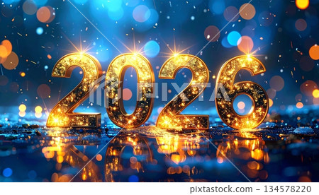 Happy New Year 2026 greeting card design with festive Christmas decoration lights and vector illustration numbers for a winter holiday celebration Happy New Year 2026 greeting card design with festive Christmas decoration lights and vector illustration numbers for a winter holiday celebration 134578220