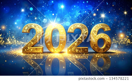 Happy New Year 2026 greeting card design with festive Christmas decoration lights and vector illustration numbers for a winter holiday celebration 134578221