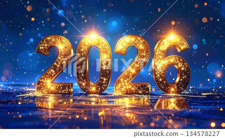 Happy New Year 2026 greeting card design with festive Christmas decoration lights and vector illustration numbers for a winter holiday celebration Happy New Year 2026 greeting card design with festive Christmas decoration lights and vector illustration numbers for a winter holiday celebration 134578227